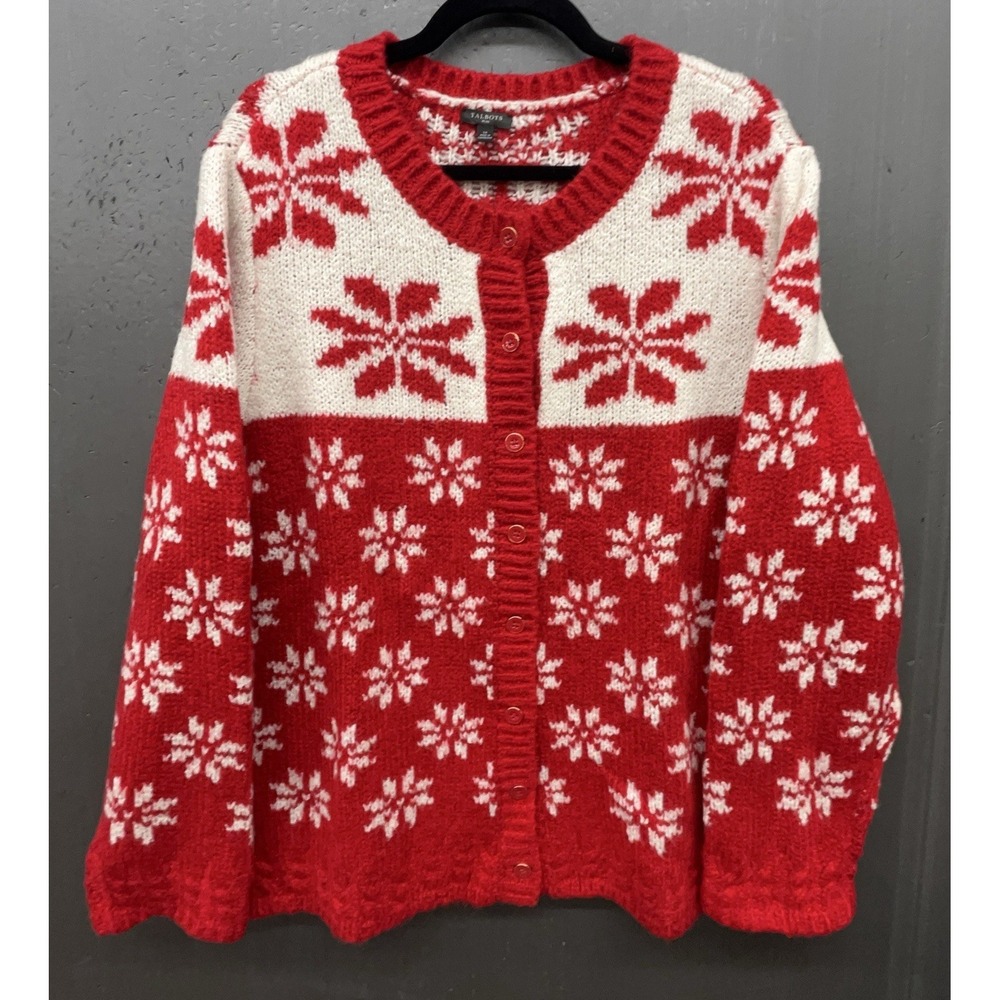 Talbots Cardigan Sweater 1X Red Snowflake Fair Isle Winter Holiday Christmas New